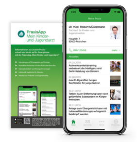 Abbildung Flyer und Handy mit PraxisApp "Mein Kinder- und Jugendarzt"